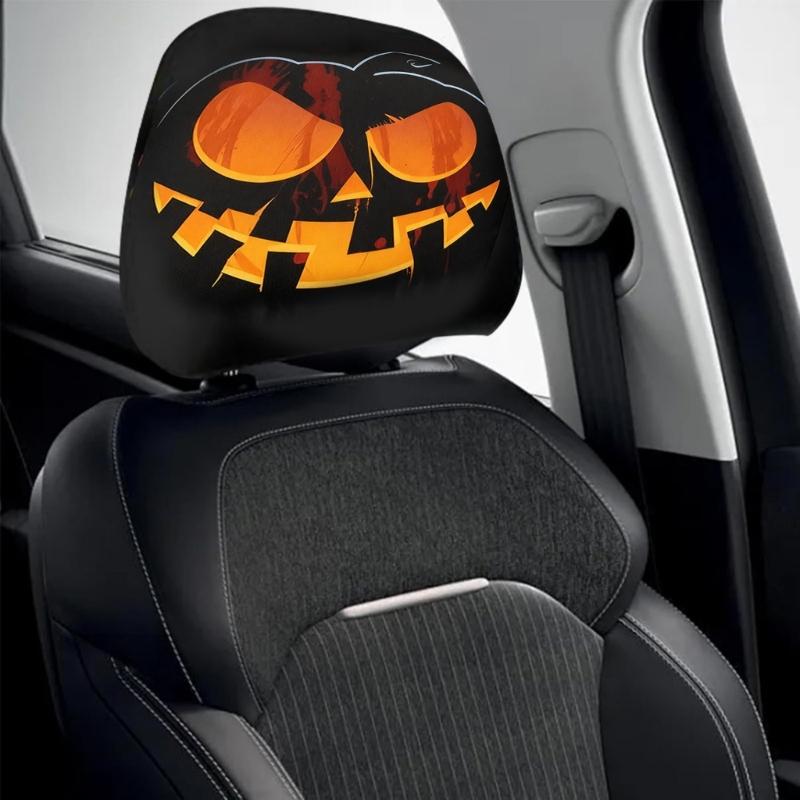 Cartoon Eye Car Seat Headrest Protectors Funny Evil Pumpkins Design Breathable Polyester Fabric Universal Size for Auto