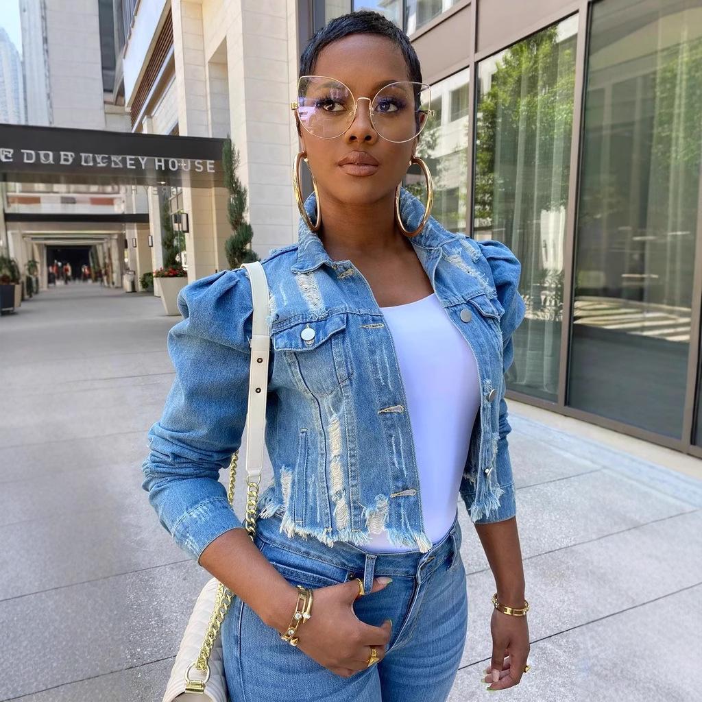 Damen Puffärmel Rissige Jeansjacke