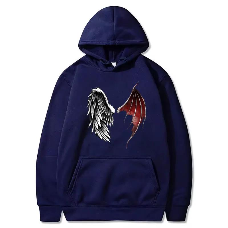 Demon And Angel Wings Print Hoodie Winter Fleece Long Sleeves Sport Jogging Pullover Sweatshirt Clothes