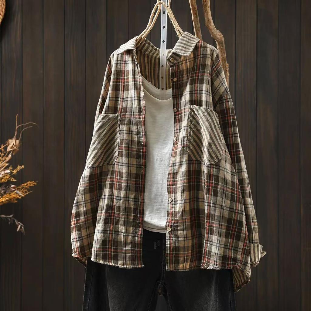 Johnature Women Vintage Plaid Shirts Patchwork Color Turn-down Collar Long Sleeve Button Pockets Blouses Spring Autumn Shirts
