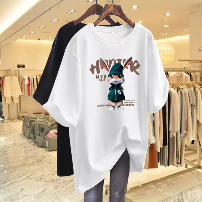 

Женская хлопковая футболка темно-зеленого цвета с принтом кролика, европейский стиль, средней длины, с коротким рукавом, коллекция весна/лето 2024 M