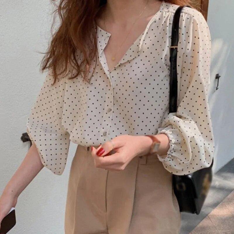 قمصان نسائية بلوزة شيفون بأكمام طويلة ورقبة دائرية وصدر واحد