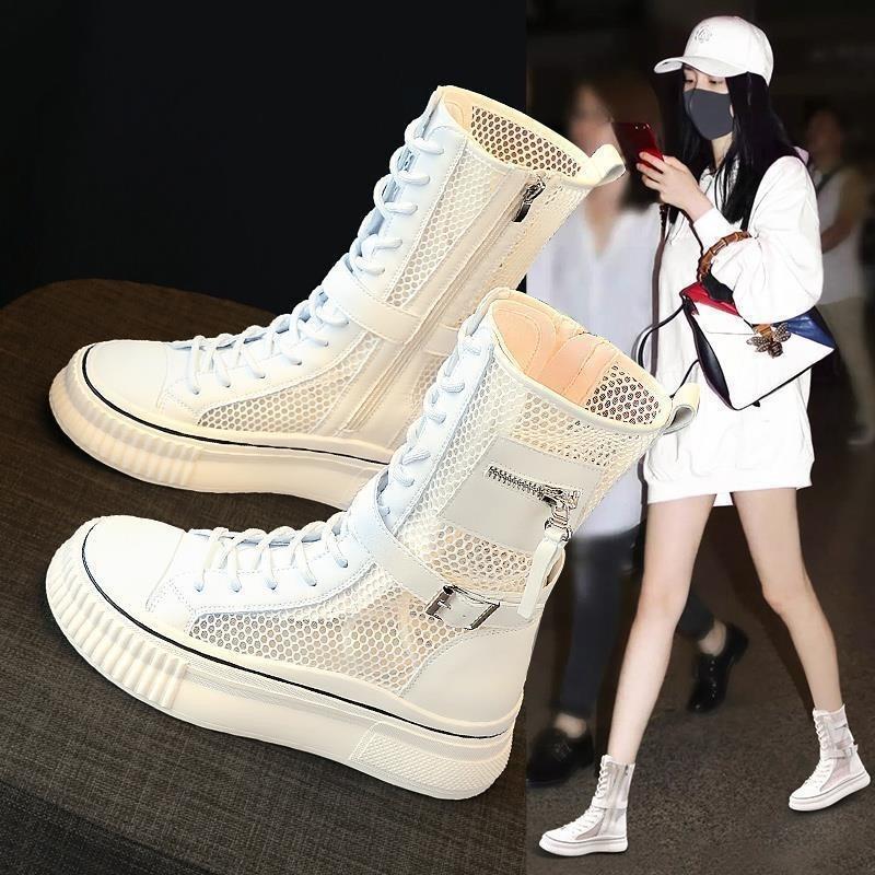 Fashion Summer Boots for Women Fashion High Top Casual Platform Boots Breathable Hollow Out Mesh Boots for Women Mid-Calf Botas Sneakers