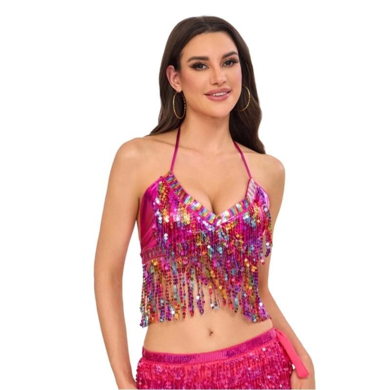 Belly Dance Bandage Glitter Bra Top with Chest Pad Women Belly Dance Costumes for Cosplay Halloween Performances Stage
