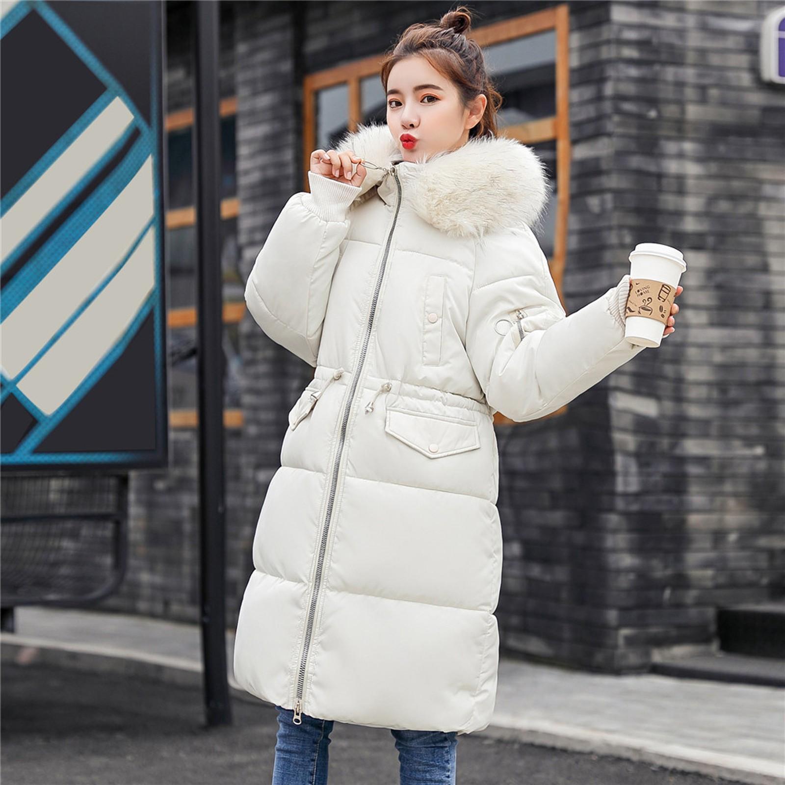

Женская мода с большим воротником для волос, тонкой талией, длинной пуховой хлопковой курткой, хлопковым пальто XL белый