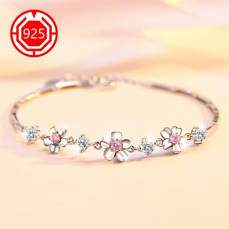 Exquisite 925 sterling silver cherry blossom bracelet with natural gemstone floral design