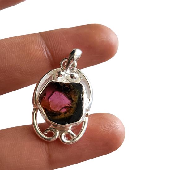 Natural Pink Bi-Color Tourmaline Gemstone 925 Sterling Silver Rare Pendant, Gift