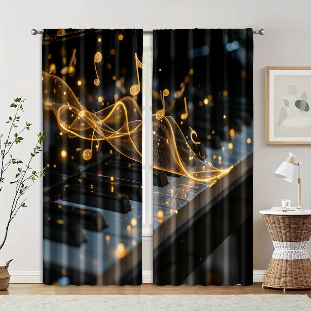 2 Pcs, Filtering Curtains (excluding Rods, Non-movable, Without Batteries) Golden Piano & Musical Notes for Use In Bedrooms and