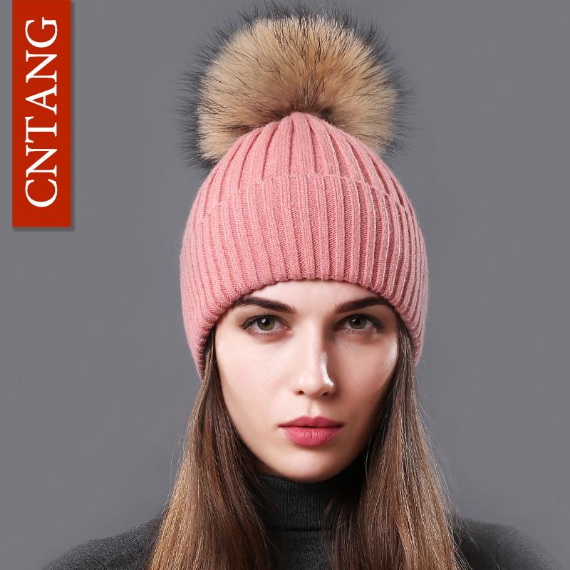 Classic Multiple Styles Women Beanie Winter Warm Fashion Raccoon Fur Pompom Hats Knitted Wool Cap Clearance Cheap High Quality