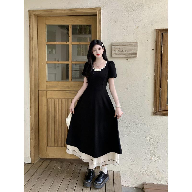Plus Size Square Neck Elegant Tea Dress, Waist-Cinched, Summer Slimming Long Skirt