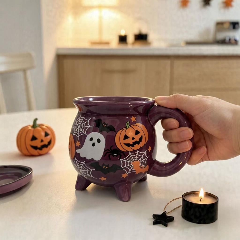 Taza de Cerámica de Halloween - Forma de Caldero Morado con Calabaza y Diseño, Vajilla para Fiestas Festivas, 12 oz