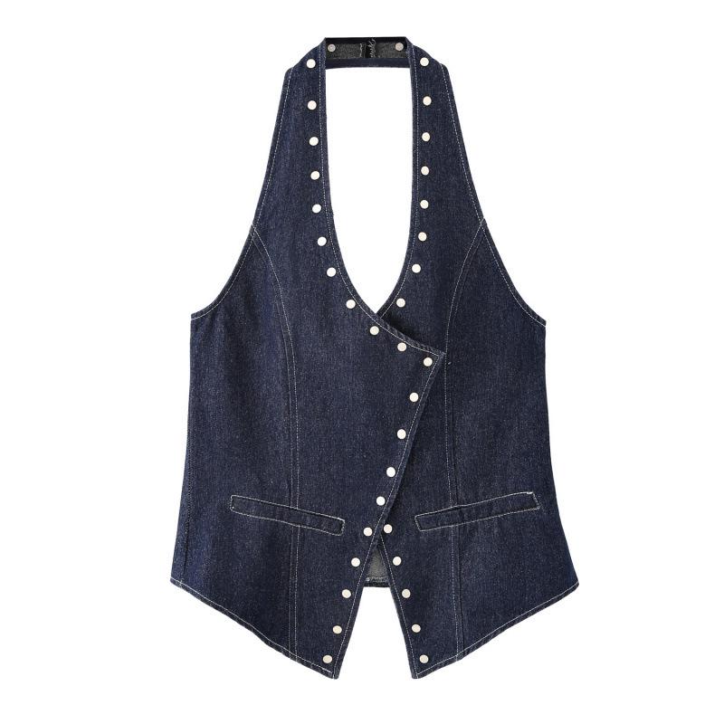 

European-American Style Rivet Backless Denim Halter Crop Top - Women s Summer Fashion Small
