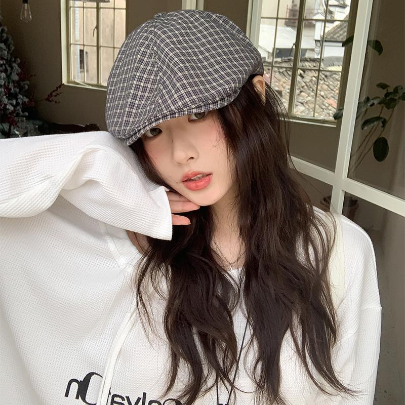 Retro Plaid Forward Hat Showing the Face Small Painter Hat Thin Breathable Literary and Versatile Beret Newsboy Hat Female