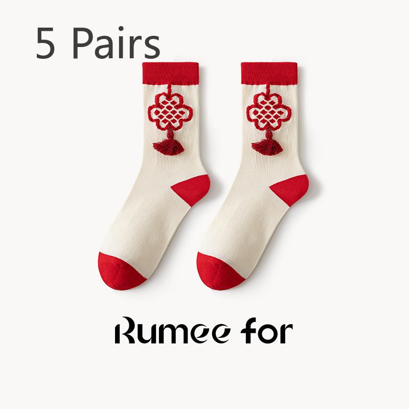5 Pairs of Female New Year Chinese Knot Retro Sweat Absorbent Non Slip Big Red Tube Socks