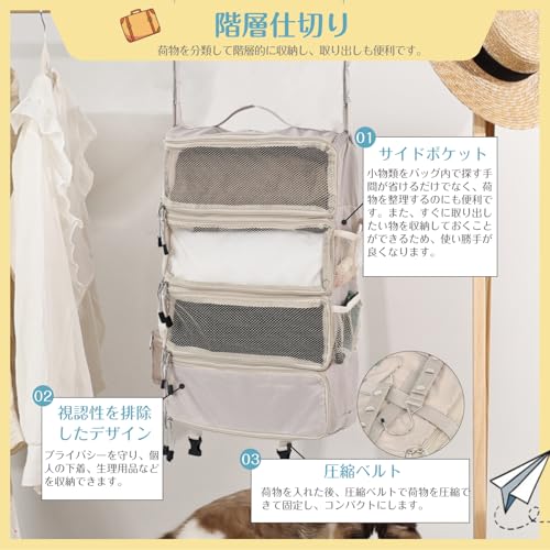 TABITORA Travel Pouch, Hanging Storage, Travel Closet Organizer, Compression Storage Bag, 4-Tier Travel Pouch, Storage Box, Clothing Rack, Business Tr