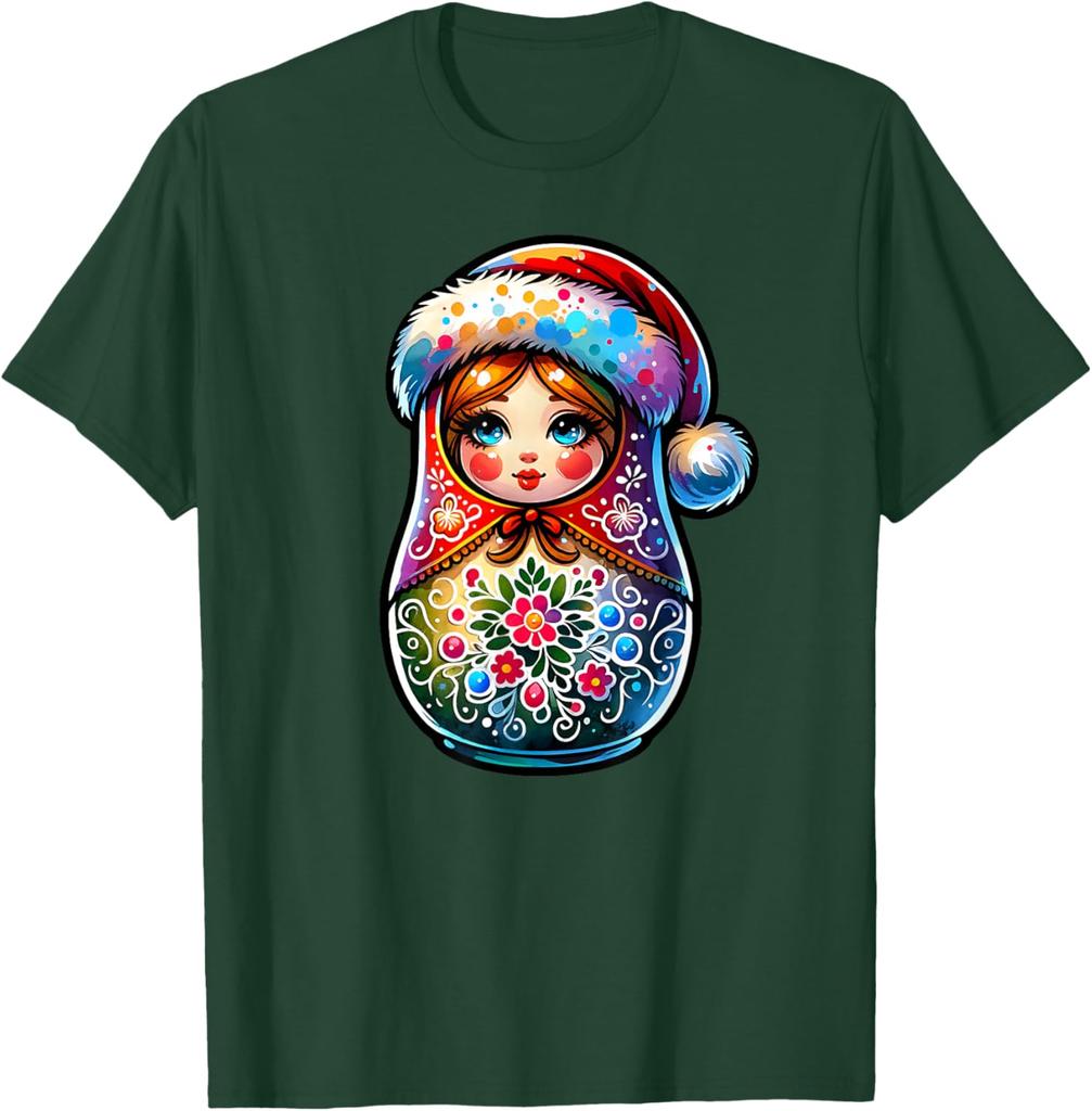 Christmas Matryoshka Doll Graphic Tee Breathable Short Sleeve Casual Round Neck T-Shirt