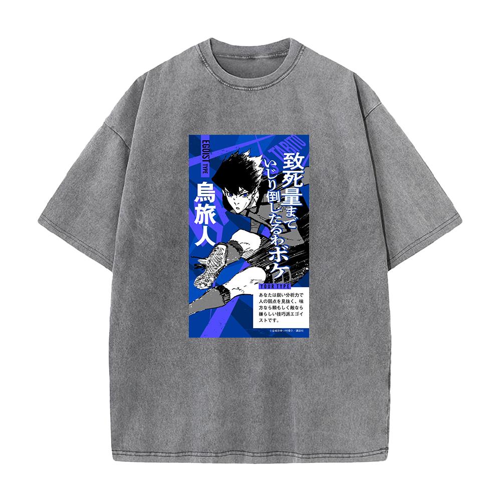 BLUE LOCK Anime Clothing Karasu Tabito Cool Print Washed T Shirt Men Street Cotton Tshirts Washed Manga Tee Harajuku T-shirt