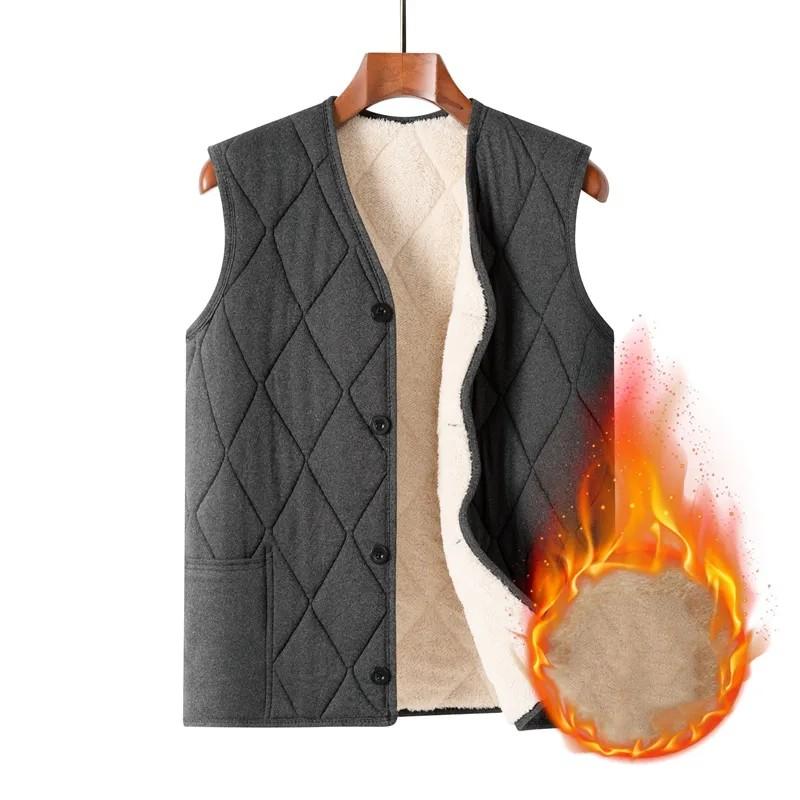 Men Autumn Winter Waistcoat Lamb Fleece Vest Button Thicken Warm Solid V-Neck Casual Plaid Jackets
