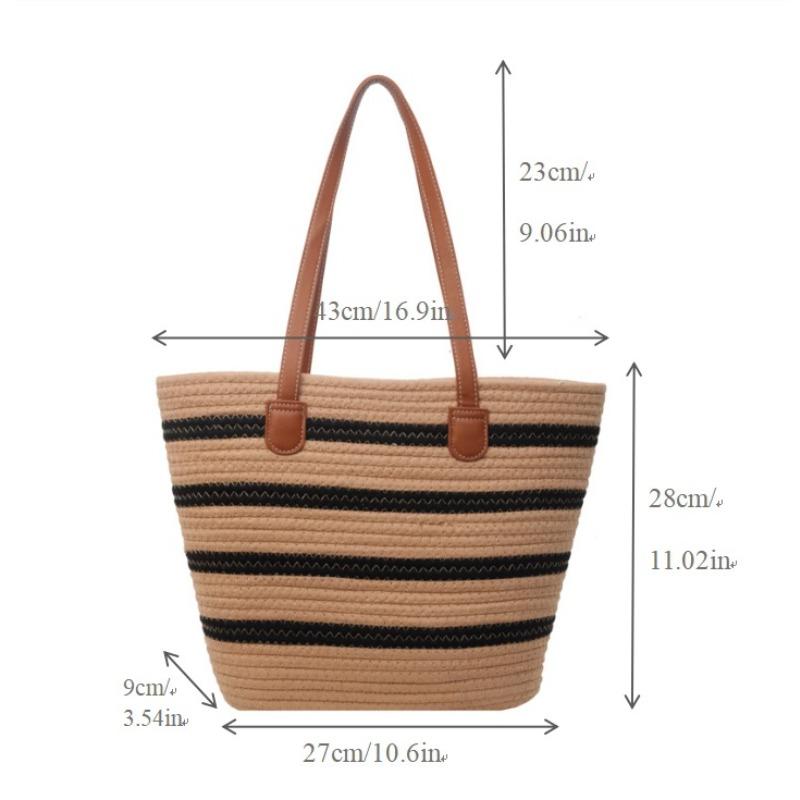 Versatile Shoulder Striped Straw Bag Women's Cotton Thread Zipper Woven Bag Large Capacity Tote Bag Seaside Vacation Beach Bag