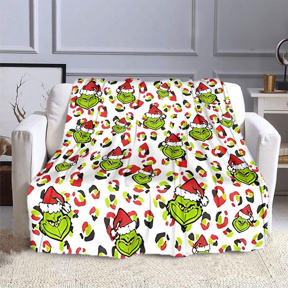 Green Grinch Faces with Santa Hats Patterned flannel blanket perfect for the bedroom living room, sofa, or a little nap