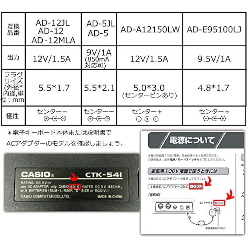 AD-5JL/AD-5 CASIO Adaptador AC de Substituição para Navegação Luminosa para Teclados Digitais PA-1B/CTK-411/CTK...