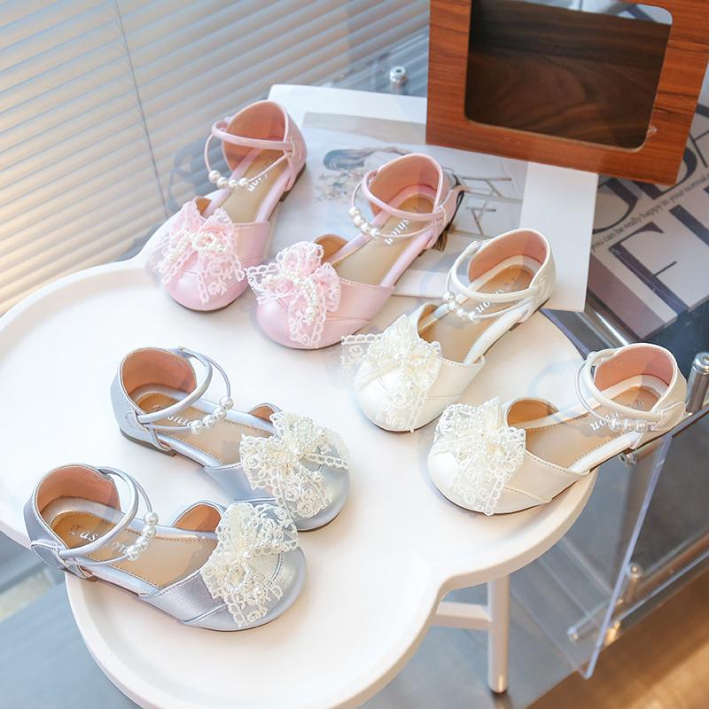 Girls Half Sandals Mesh Lace Bow Kids Princess Shoes Round for Party Wedding 2025 Summer Girls Dance Shoes Round Toes Ins Trendy