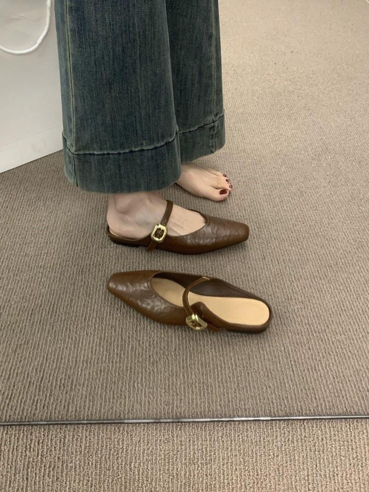 

Ретро универсальная однословная пряжка с головкой сумки и полушлепанцы для женщин, носящих ленивых людей, с одной педалью, на плоской подошве, мюли и пустые 40 коричневый