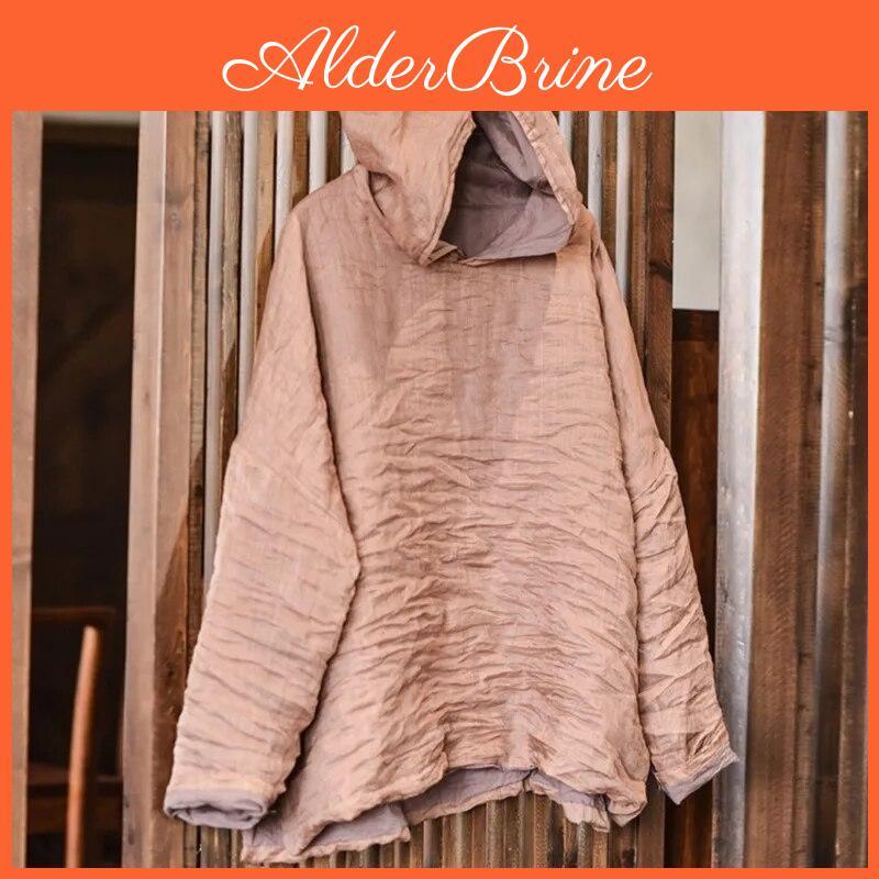 Women Ramie Vintage Hooded Johnature Tshirts Solid Color High Quality Tees Loose Long Sleeve Clothes Autumn Women Tshirts