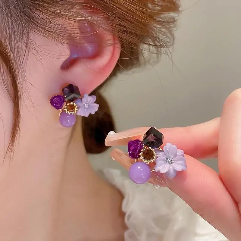 Korean Fashion Crystal Flower Earrings For Women Jewelry Trending New Luxury Women's Zircon Petal Earrings Accessories Gift
