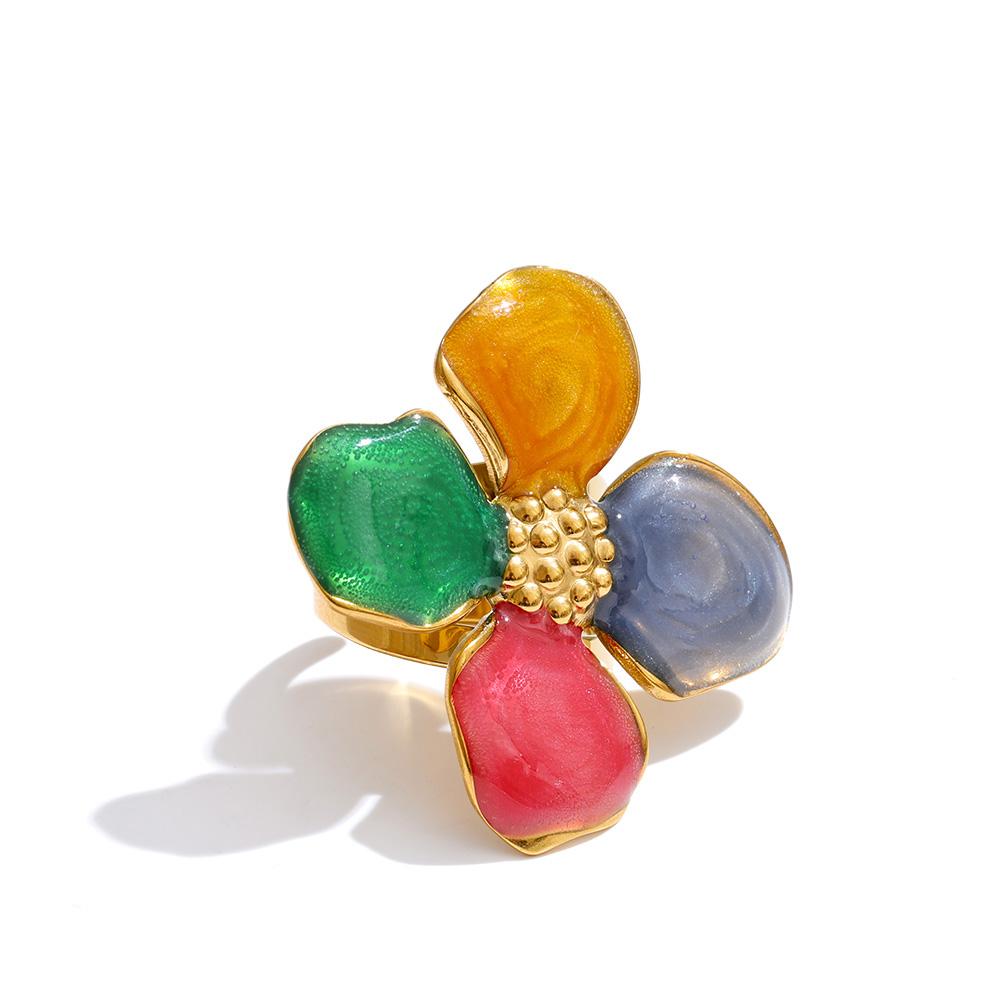 

Yhpup Colorful Metal Flower Petal Charm Open Adjustable Ring for Women Stainless Steel Trendy Cheap Finger Jewelry resizable
