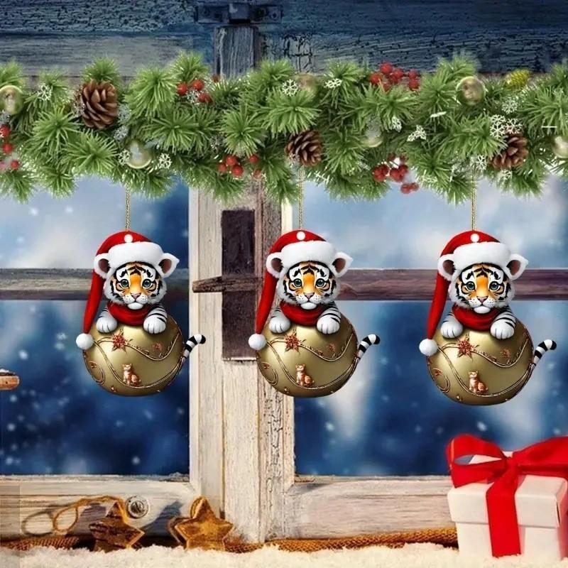 Car Decor Keychain With Cute Tiger Wearing Christmas Hat Design Acrylic Pendant For Home And Travel