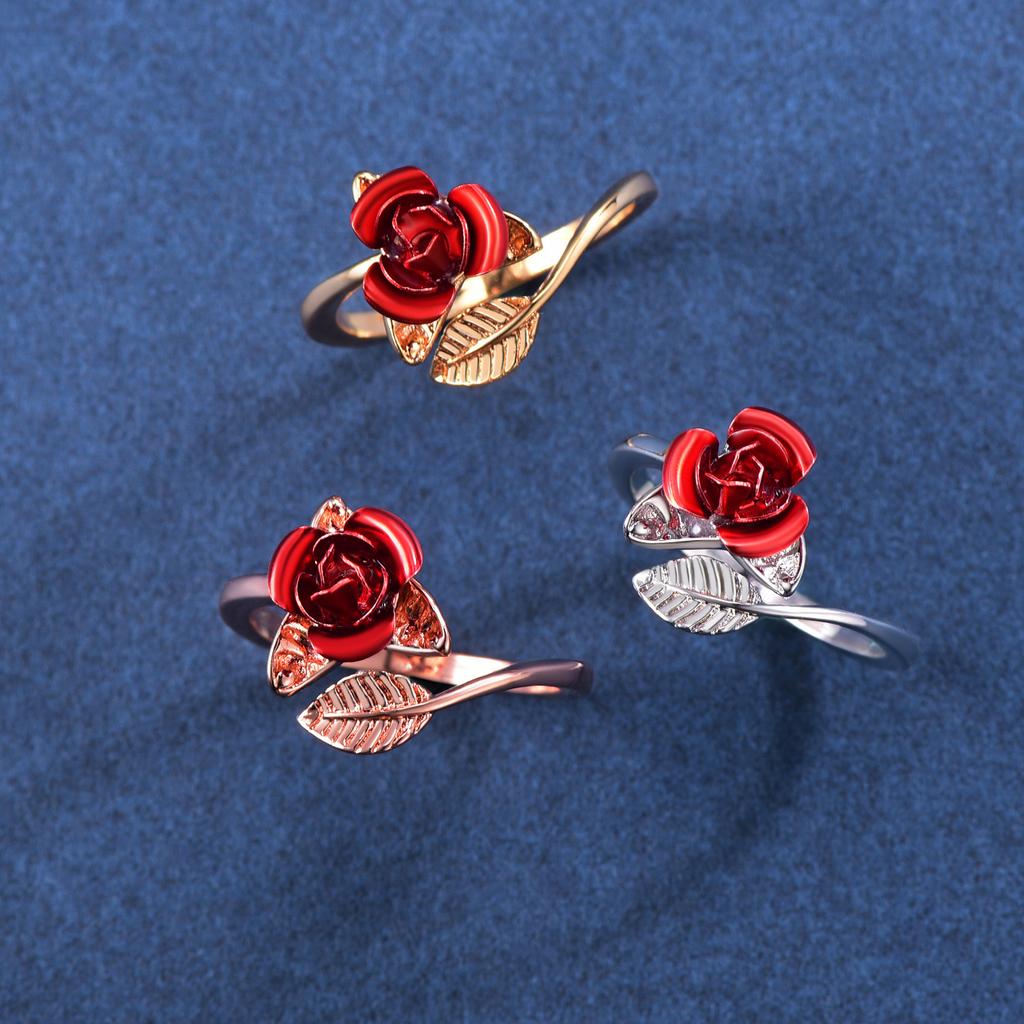 Leaf and Red Rose Flower Open Rings Cuff for Women Flower Charm Adjustable Size Love Romantic Birthday Jewelry GIft for Her
