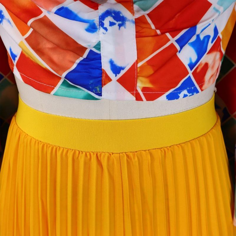 Women V Neck Printed Top Pleated Long Skirt Two Piece Casual Clothing Set
