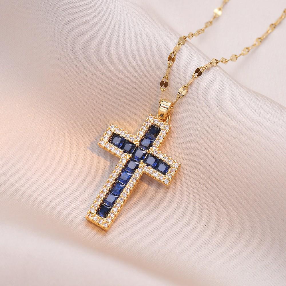 Damen Bunte Zirkon Kreuz Halskette - Nischendesign mit Voll-Diamant-Anhänger an Edelstahlkette