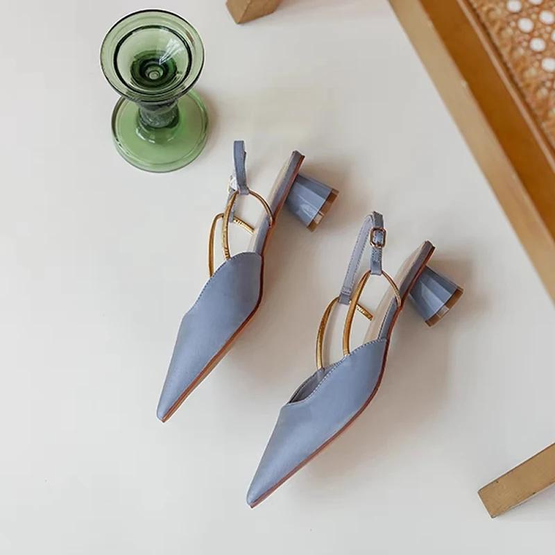 

French Satin Style Sandals 2026 Spring Women New Pointed Mid Heel Design Luxury Versatile Single Shoes Zapatos De Mujer 39 синій