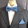 Light Blue Denim [bow Tie & Pocket Square] 2-piece Set. Ribbon Style, Men's, One-touch, Formal, Casual, Denim, Jeans, After-party, Party.