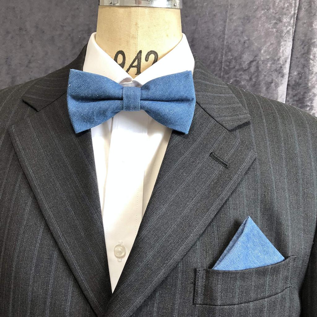 Light Blue Denim [bow Tie & Pocket Square] 2-piece Set. Ribbon Style, Men's, One-touch, Formal, Casual, Denim, Jeans, After-party, Party.