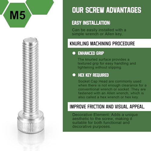 uxcell M5-0.8x25 Hexagon Socket Bolt 304 Stainless Steel Cap Bolt Rust-Free Full Thread Socket Screw for Road Bike Mountain Bike Car Motorcycle 5