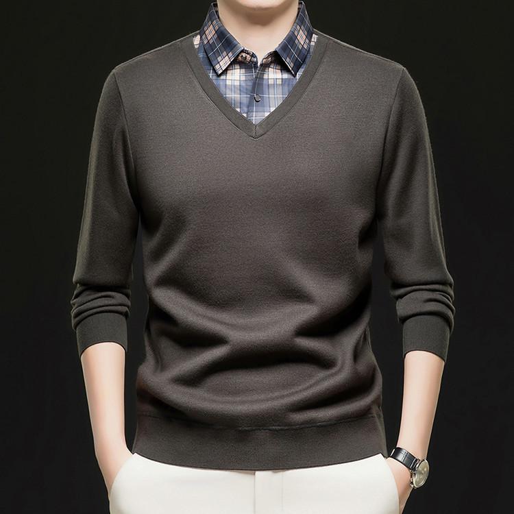 Men's Autumn/Winter Fake Two-Piece Knit Sweater with Velvet Warm Shirt Collar
