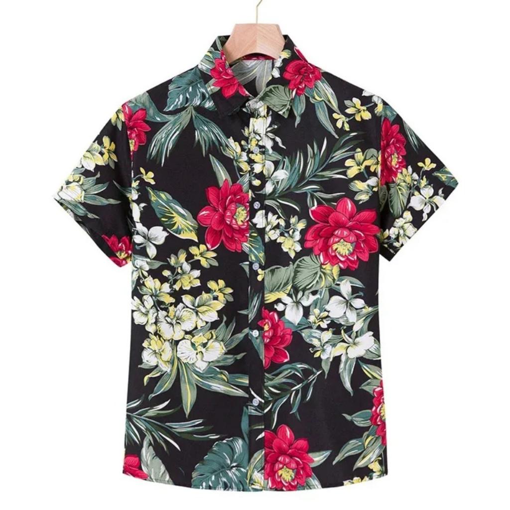 Hawaiian Beach Men's Short Sleeve Shirt with Plant Print Pattern Boy's Short Sleeve Lapel Casual