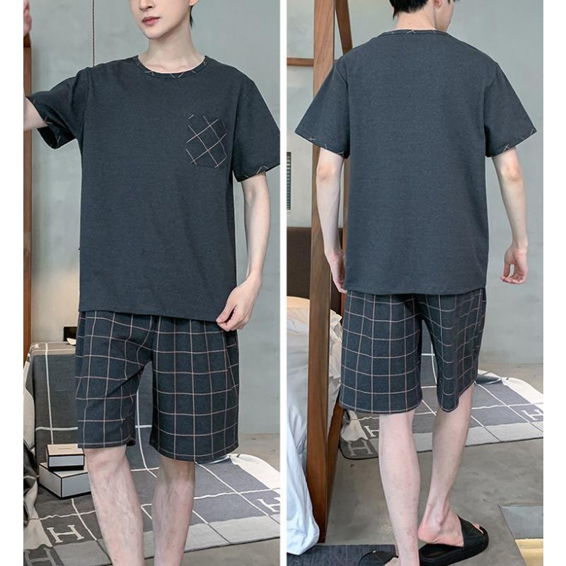 Summer Pajamas Men Cotton Jersey Short Sleeve Shorts Are Simple Breathable Solid Color Round Neck Pullover Plaid Sleepwear