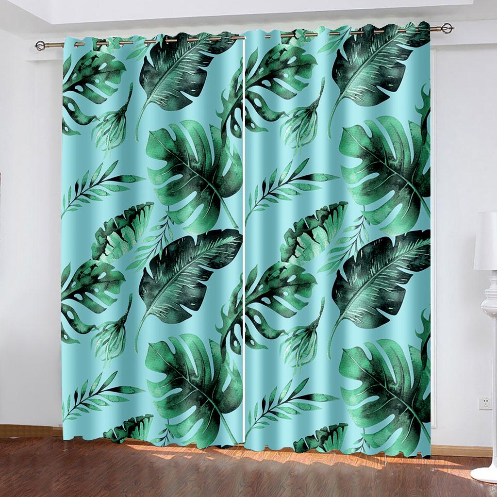Webvorhänge mit tropischem Blattdruck Zwei separate Vorhänge links und rechts des Schlafzimmers Verdunkelungsvorhänge