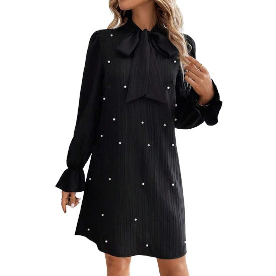 Women Dress Lace-up Bow Faux Pearl A-line Puff Sleeves Pure Color Above Knee Length Mini Dress Prom Party Dating Short Dress