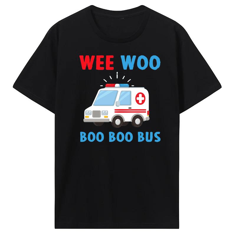 Wee Woo Boo Boo Bus Ambulance Cartoon Printed Short Sleeve Fun First Aid Theme Pure Cotton T-sh