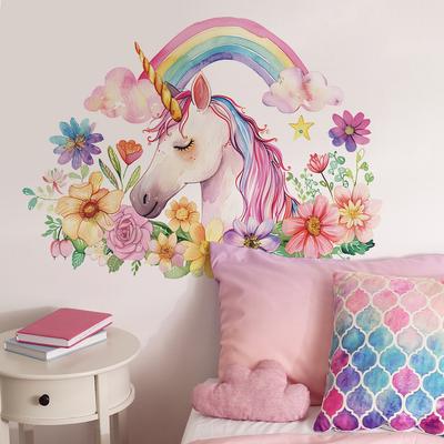 Adesivo Murale Autoadesivo con Fiore Arcobaleno e Unicorno per Cameretta Bambini Soggiorno Decorazione Casa