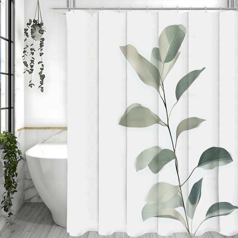 Sprchový závěs s eukalyptovými listy, Dekorační sprchový závěs do koupelny, Vodotěsný sprchový závěs s háčky