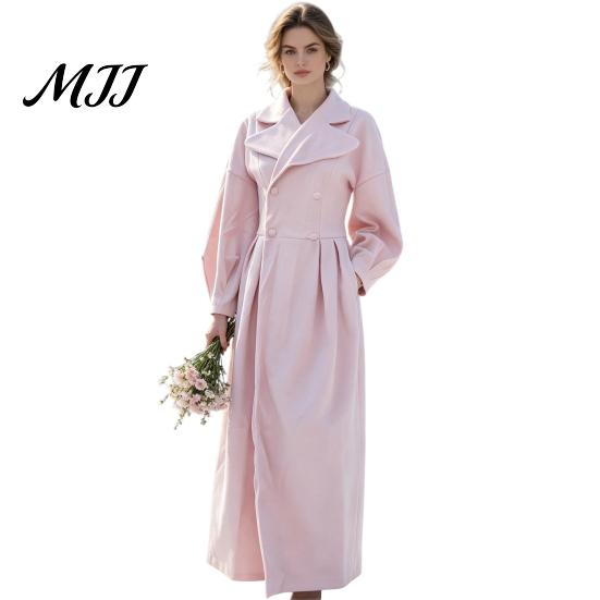 Casual Long Coat Women Wool for Fall Winter, Lantern Sleeve Winter Notch Lapel Overcoat, Double Breasted Trench with Pockets