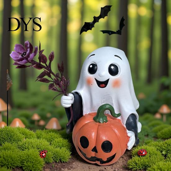 Soft Aesthetic Ghost Sculptures Halloween Decoration, Holding Pumpkin Resin Figurine with Witch Cute Home Party Accents Hat, Spooky Tabletop Decor for