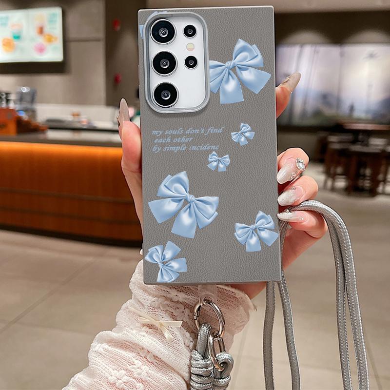 Bowknot Print Leather Texture Slim Matte Case For Samsung S25 Ultra S24 FE S23 A16 A56 A55 A36 A15 A35 Lanyard Rope Shockproof TPU Soft Phone Cover
