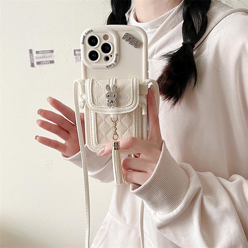 

Чехол-сумка для карт Xiao Xiangfeng со стразами и кроликом для Apple iPhone 11/12/13/14 Pro Max — защита от падений, кисточка и цепочка iPhone 13 Pro